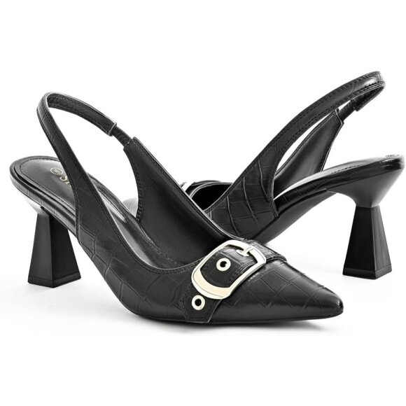 Black Synthetic Women Kitten Heels Pointed Toe Pumps Dress Shoes with Buckle - Picture 9 of 10